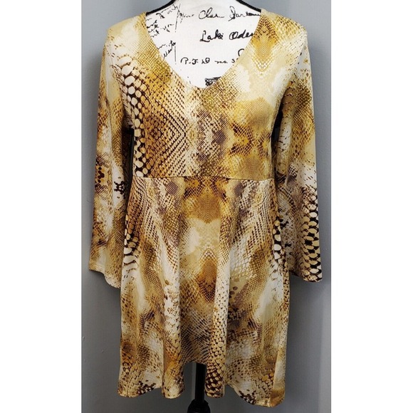 Slinky Brand Mini Dress Women Medium Yellow Multi Snakeskin Print Stretch V Neck - Picture 1 of 10